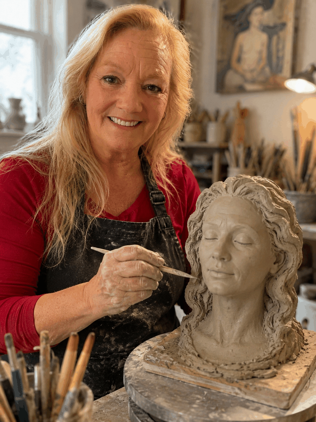 Debbie Mendoza, owner of The Arts of Healing, sculpting a clay portrait bust in her studio